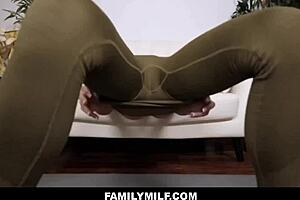 Blonde stepmom has her fingers and her pussy penetrated by stepson on family sofa