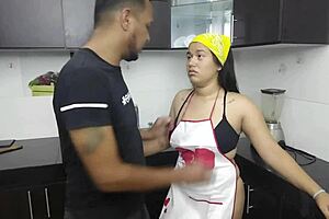 Hey, something happened in the kitchen, I called my husband to help, and he ended up licking my pussy and cumming in my ass.