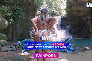 Big ass milf gives pussy to friend at the waterfall