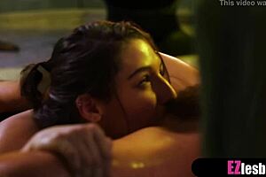 Relaxing bath turns into intense pussy licking session with brunette roommate, focusing on her ass