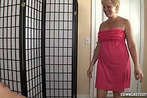 The busty blonde milf gets a cum splatter from my monster cock after handjob! 💦