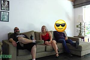 Blonde milf wife cheats on old husband with friend in front of him