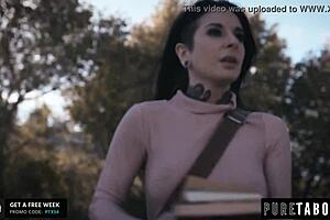 Blonde milf and petite teen suck big cock together.