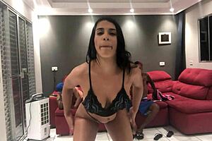 Guys seductive sex doll wife dancing for the boys with a ginger dental advantage and a samba spice
