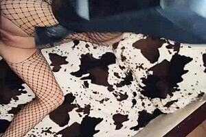 milf wife in fishnet outfit experiences stretching in the scene