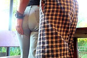 Outdoor fuck with big ass milf ends in double cumshot, what a sight