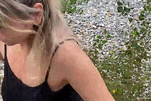 Busty milf gets hardcore fucked outdoors by the river, almost caught