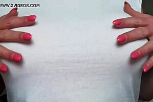 busty milf wets my t-shirt without bra, gets orgasm from playing with pierced nipples