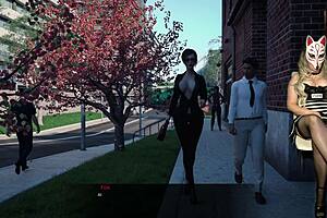A mature woman in a prison guard costume in a cosplay-themed porn video