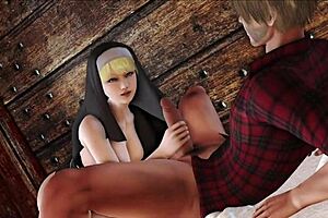 Busty nun pleasures huge cocks