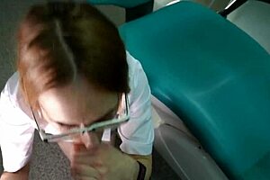 watch me fuck that doctor hard in doggy at the office, then cowgirl ride before her knee blowjob ends with facial cumshot!