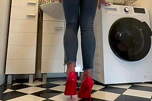 German housewife in sexy red heels gets wet solo