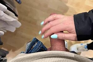 Public fun with a blonde babe in a clothing store