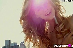 Blonde MILF strips outside solo