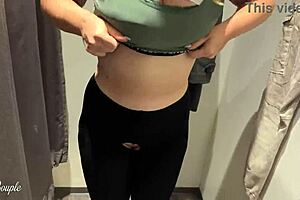 Public fun with a blonde babe in a clothing store