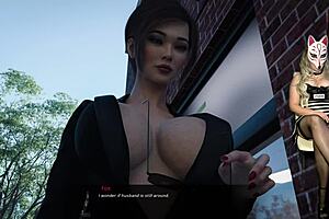 A mature woman in a prison guard costume in a cosplay-themed porn video