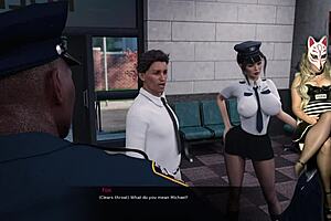 A mature woman in a prison guard costume in a cosplay-themed porn video