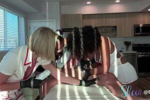 Black beauties give kinky blowjob orgy for a lucky man