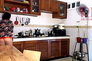 Naked housewife's kitchen solo turns into a steamy affair