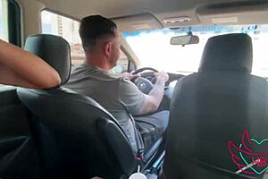 Married woman gives blow job while her husband is driving