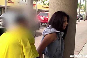 Emily Willis, the shoplifter, enjoys a deep throatful of cock