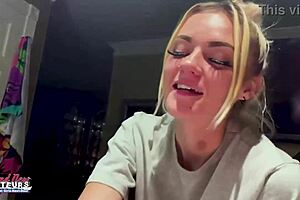Petite blonde gets her shaved pussy rubbed and fingered