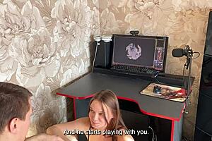 Housewife gets messy with cum on tits while giving head