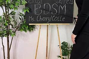 mature teacher dominates with whip in pantyhose and heels