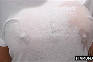 Blonde milf with huge tits soaps up in shower