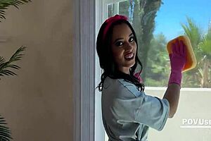 Horny milf sucks neighbor's stepson's big black cock in bedroom.