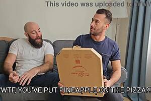 wet pizza delivery girl in outdoor scene with balloon