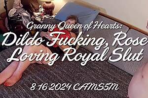 Hey, watch Granny Queen of Hearts dildo fuck as royal slut!