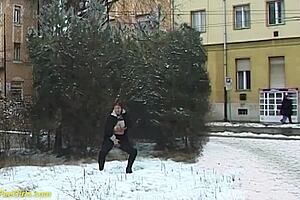 Red hair beauty, voluptuous MILF pees in public