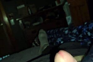 A mature woman with a small waist seductively masturbates a man
