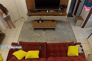 The naughty latina flashed her big tits to the delivery guy. She sucked his monster cock until he came inside.