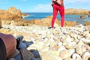 Pretty MILF enjoys deepthroat and muff diving on beach