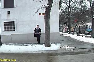 Red hair beauty, voluptuous MILF pees in public