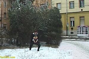 Red hair beauty, voluptuous MILF pees in public