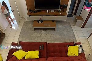 The naughty latina flashed her big tits to the delivery guy. She sucked his monster cock until he came inside.