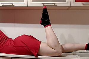Housewife teases in kitchen with striped panties and smelly socks. Wet pussy upskirt while washing feet!