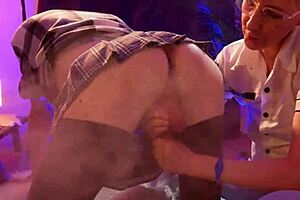 A female dominant gives a handjob that brings a male orgasm and prevents ejaculation
