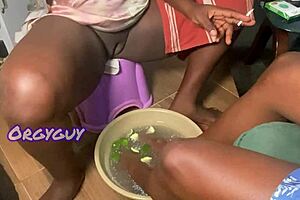 Couple plays naughty at home while getting nails done