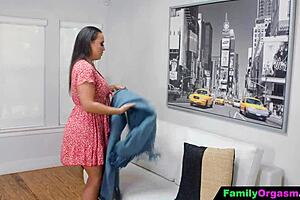 Stepdad and stepdaughter sneak fuck near sleeping stepmom!