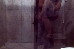Sex with a girl with big ass and big cock in the bathroom
