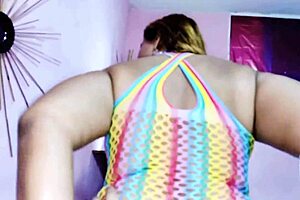 Gina rides cowgirl with huge cock in fishnets