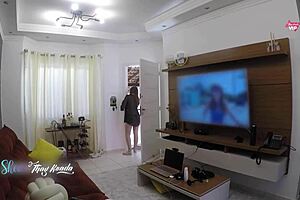 hot wife thay ksada flashes delivery man after shower. big natural tits barely covered by nightgown.