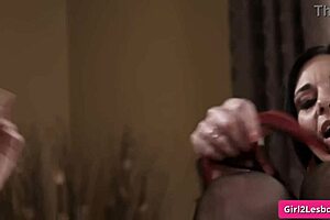 busty mature brunette in lingerie, teen licks her hairy pussy to orgasm.