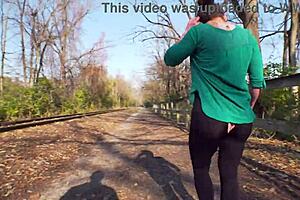 Leggings tear and a friend fucks through the hole in public