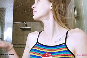 Tall skinny model relaxes in a sensual bath during photoshoot.