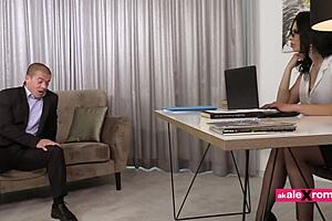 Slutty Brunette Secretary Seduces Boss with Blue Eyes and Big Tits for a Raise